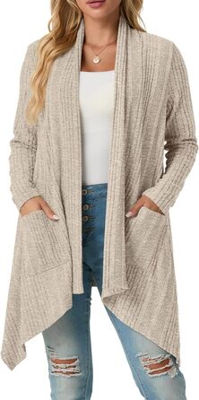 Жакет GRECERELLE з довгими рукавами, легкий в'язаний кардиган з кишенями, м'який, з асиметричним кроєм (S, Бежевий)