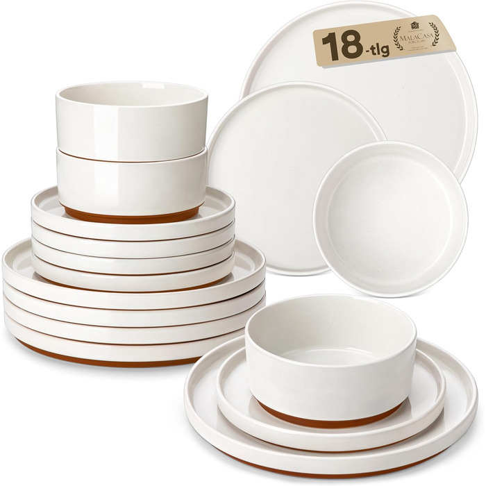 Набір посуду MALACASA з каменю (18 предметів) для 6 осіб, керамічний сервіз з глазур'ю 'сезам', білий з коричневим дном, набір тарілок та мисок