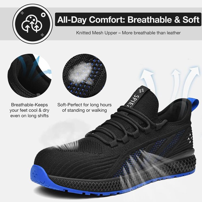 Робочі черевики SPIEZ для чоловіків та жінок, легкі, slip-on, з дихаючою сіткою, захист пальців Composite, неслизькі для складу, промисловості та повсякденного використання, чорно-сині, розміри EU35-46 (41 EU)