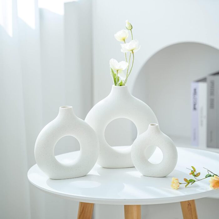 Ceramic Vase Set for Pampas Grass - 2pcs (Large & Medium), Modern Matte Donut Vases for Home Decor, Flowers, Table, Shelf, Fireplace, Living Room, Bedroom, Office, Wedding, Party, Gift - White