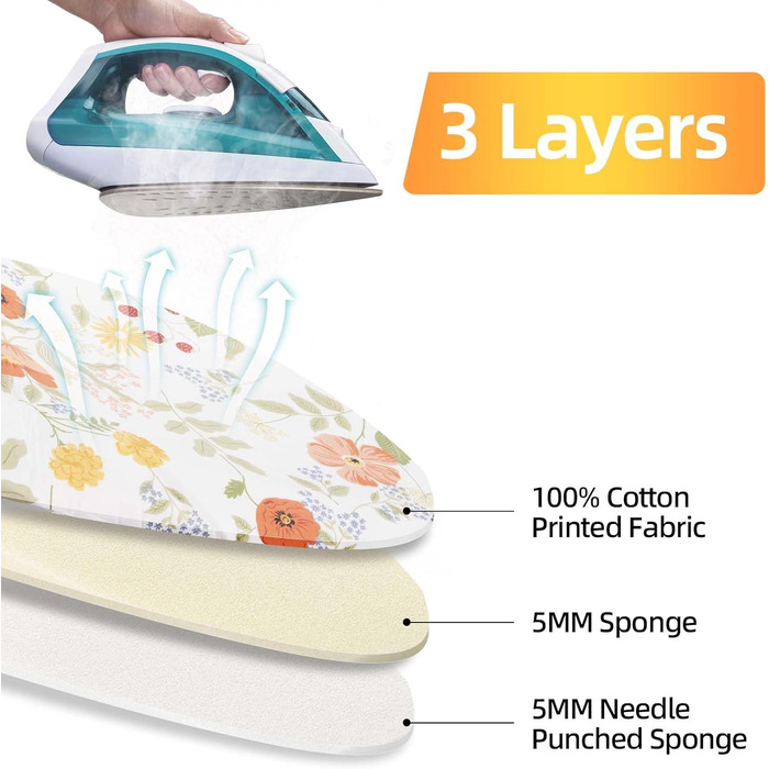 Чохол для гладильної дошки, бавовна 100%, тришаровий, потовщений, 110-125 x 30-42 см, жовтий