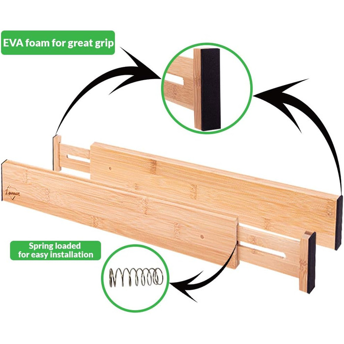 Bamboo Drawer Dividers for Kitchen - Organizational Set of 4 - Spring-Loaded Adjustable & Expandable Drawer Organization