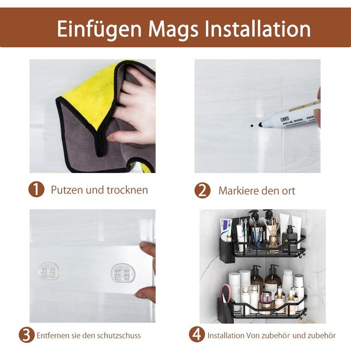 Поличка для душу без свердління, кутова, 2 шт., органайзер для ванної кімнати з 4 гачками, чорний. Підставка для шампуню та аксесуарів для душу