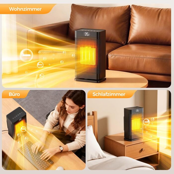 Керамічний електронагрівач 1500W з термостатом, PTC-керамічний нагрівач, ECO-режим, захист від перегріву та перекидання, 75° коливання, 2-в-1 енергозберігаючий нагрівач для дому, чорний