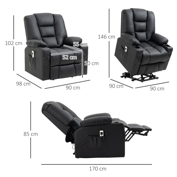 HOMCOM Massage Chair, Recliner with Rise Assist, TV Chair with USB Port, with Reclining Function, Wheels, Remote Control, Up to 150 kg, Black | Aosom