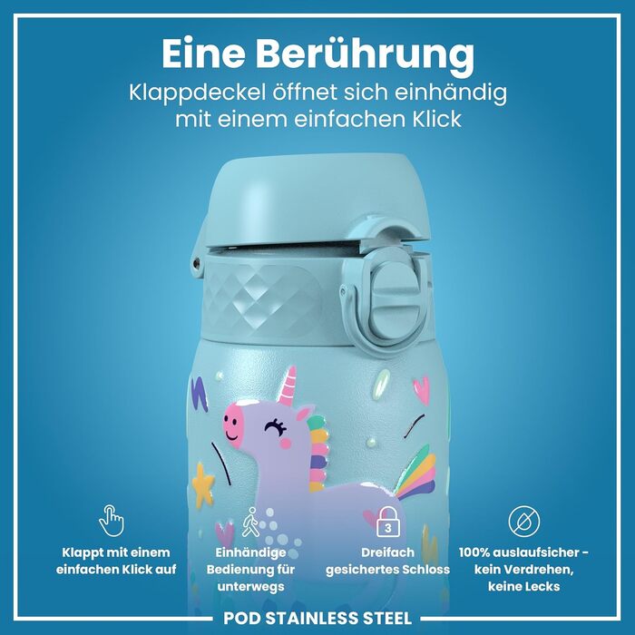 ion8 Insulated Stainless Steel Drinking Bottle 320 ml Leak-Proof One-Handed Opening Secure Locking Dishwasher Safe Flip-Top Lid Carrying Handle Easy to Clean, Durable, Unicorn (Evo, Steel, Alaskan Blue)