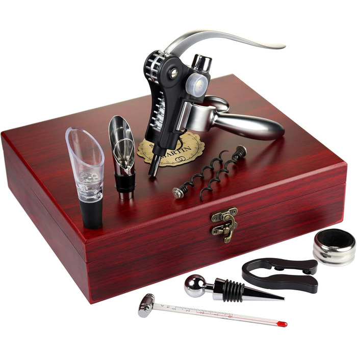 Набір сомельє AMAVEL з 10 аксесуарів для вина, подарункова коробка з дерева з табличкою та персоналізованою гравіюванням компаса, ідеальний подарунок для поціновувачів вина