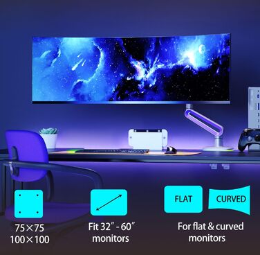 Кріплення для монітора 32-60 дюймів Ultrawide, для моніторів 34/49/57 дюймів, вантажопідйомність до 20 кг, кріплення C-Clamp та Grommet, VESA 75/100 мм (фіолетовий)