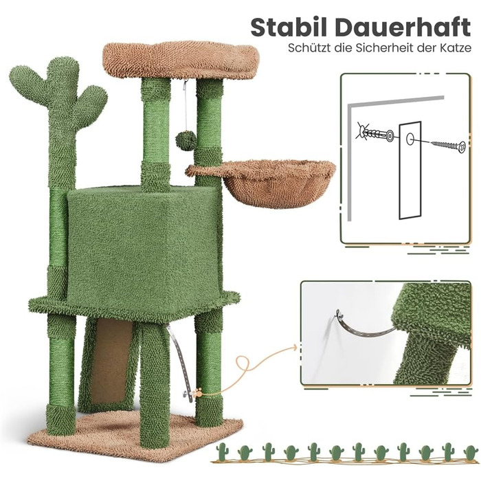 Yaheetech Cat Tree Cactus, Height 106.5 cm, Stable Cat Tree Climbing Tree with Viewing Platform, Cat Cave, Lounging Bed, Sisal Posts, Green/Brown