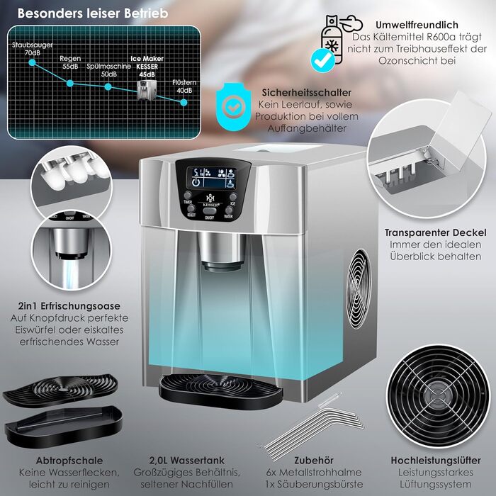 Машина для приготування льоду KESSER® з нержавіючої сталі, 100W, 12 кг/24 год, 2 розміри кубиків, 2 л бак, таймер, LCD-дисплей, з аксесуарами (сріблястий)