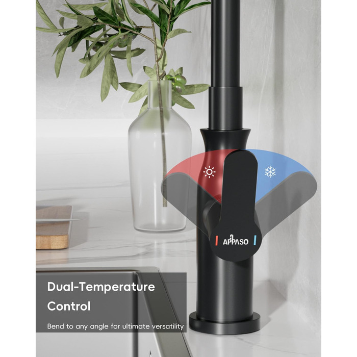 Кран кухонний APPASO 3-х ходовий чорний, 3 в 1 з фільтром, 360° поворотний, 2 ручки, нержавіюча сталь, низький тиск