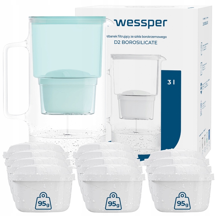 Скляний фільтрувальний глечик Wessper D2 BOROSILICATE 3л, м'ятний + 12 фільтрів