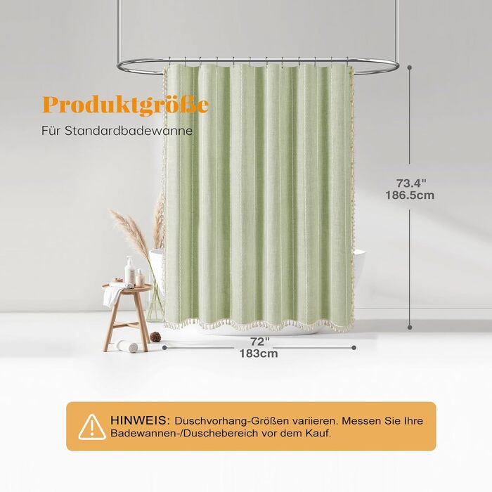 Штора для душу BTTN 182 x 200 см, Бохо-Ферма, важка тканина, рустикальний дизайн з бахромою, водовідштовхувальна, з обтяжувачем, 12 гачків (зелена, смугаста, H180 x B180 см, 1 шт.)