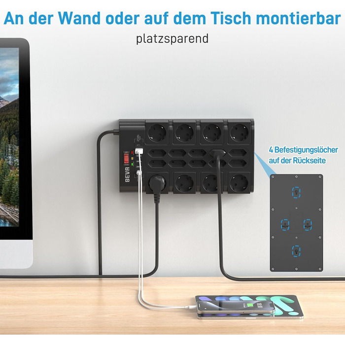 Мережевий фільтр BEVA з 18 розетками, 3680W/16A, захист від перенапруги 2100 Дж, 2 USB-C (15W) + 4 USB-A, з вимикачем, для офісу та дому