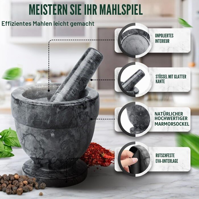Ступка з масивної гранітної гірської породи Flexzion (10 см, чорна) — гранітний розтирач для спецій, трав, часнику та гуакамоле, кухонний молькахете
