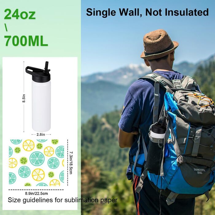6 Sublimation Water Bottle Blanks, 680 ml, Customizable, Reusable Water Bottles, Bulk with Handle and Straw Lid, Leak-Proof and Lightweight for Sports, DIY Gift, White