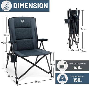 Крісло для кемпінгу Timber Ridge складне з широким сидінням 55 см, XXL, 150 кг, з кишенею, для кемпінгу, саду, балкону