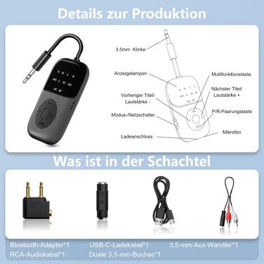 Bluetooth 5.4 адаптер 2-в-1 (передавач та приймач) з aptX Low Latency, 3.5 мм jack, для навушників, ТБ, авто та літака, чорний