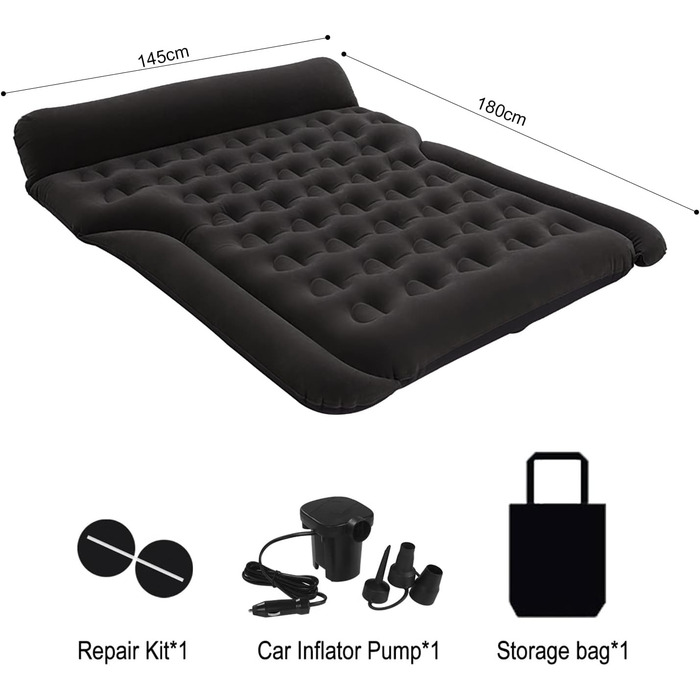 Надувний матрац для авто Vinteky з електричним насосом, 180x145 см, чорний (для кемпінгу, подорожей, SUV, універсальний)