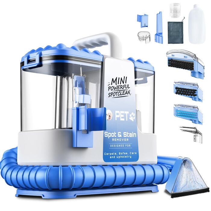 Портативний мийник для м'яких меблів, 600W, 16Kpa, 500мл розчин, 5 насадок. Для диванів, килимів, авто, сходи. Легкий, компактний, блакитний.