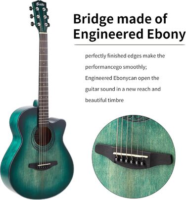 Акустична гітара Soldin 40 дюймів Premium з масивної соснової верхньої деки. Комплект: чохол, підставка, тюнер, ремінь, каподастр, струни, серветка, медіатори (Nilblau)