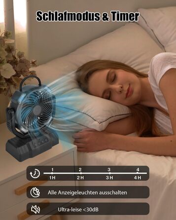 Портативний вентилятор для кемпінгу з акумулятором 10000mAh, LED-ліхтар, 270° обертання, USB-зарядка, для намету, відпочинку на природі, риболовлі, офісу (Чорний)