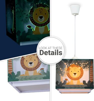 Paco Home Hanging Lamp Children's Room Ceiling Lamp Pendant Light Lampshade Fabric E27 Lion Jungle Glowing in the Dark