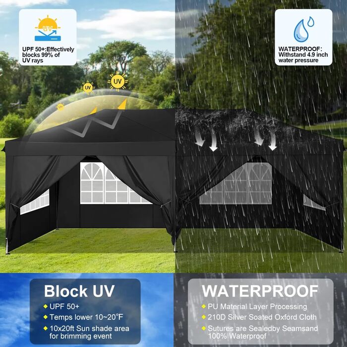 COBIZI Pop-up Pavilion 3x3, Folding Pavilion 3x3 Waterproof, Stable, Winter-proof |8X Pegs|4X Wind Rope|UV Protection 50+|High-Density Tarpaulin| Pavilion Foldable 3x3m Party Tent Folding Pavilion 3x3 Garden Pavilion (Black, 3x6m with 6 Side Panels)