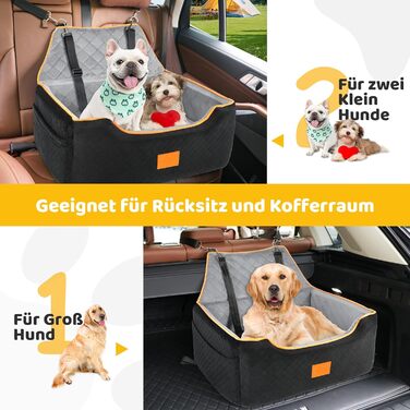 GL GLENSLAVE Dog Car Seat for Medium/Large Dogs - Elevated Pet Seat for Dogs Up to 25kg or 2 Small Dogs - Removable & Washable with Thick Cushions & Storage Pockets (Black/Gray)