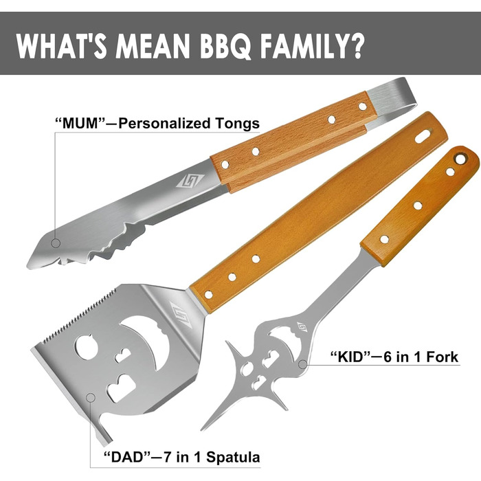 STEVEN-BULL Grill Utensil Set 3-Piece. Extra Long Grilling Tools, Stainless Steel Wood Handle, Grilling Accessories with Grill Tongs, Grill Spatula, Meat Fork. Extra-Long Wooden Handles and Hanging Holes.