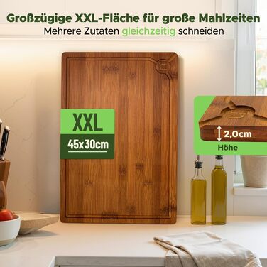 Великий обробний бамбуковий дошка Naturlik XXL 45x30 см, карбонізована дерев'яна дошка для кухні з жолобом для соку та ручками для м'яса, овочів та хліба