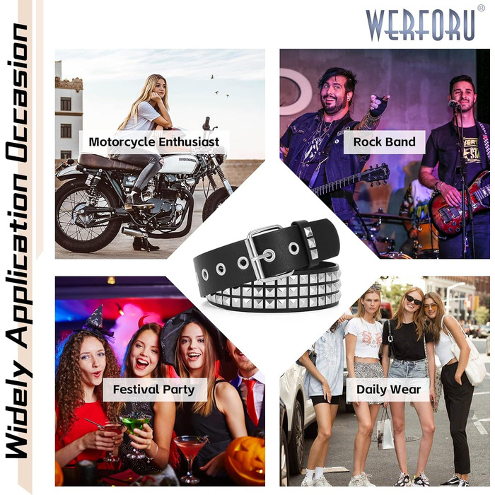 Лідер шкіряний ремінь з пряжками WERFORU - Пряжка Punk Rock, для жінок та чоловіків, розмір 90-100 см (A-чорний)