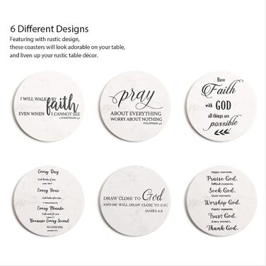 Hoomey Coasters for Drinks with Bible Verses, 6 Pack Absorbent Drink Coasters with Holder Ceramic Coasters with Cork Back for Table Protection, Christian Coasters, Christian (White)