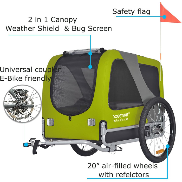 DOGGYHUT® Преміум великий велосипедний причіп для собак об'ємом 270 літрів, підходить для середніх та великих собак (Зелений)