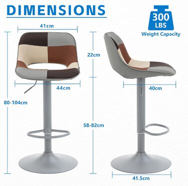 YOUNIKE 2-Piece Adjustable Bar Stools - Boho Patchwork Design - Swivel Kitchen Bar Chairs with Hollow Backrest - Yellow Green (Gray Beige)
