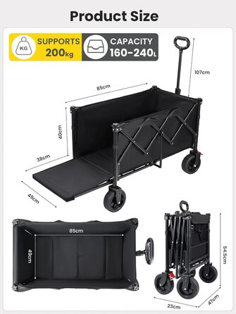 Візок-садовий YEAUPE PRO 240л, 200кг, складний, позашляховий, гальма, чорний - для покупок та активного відпочинку
