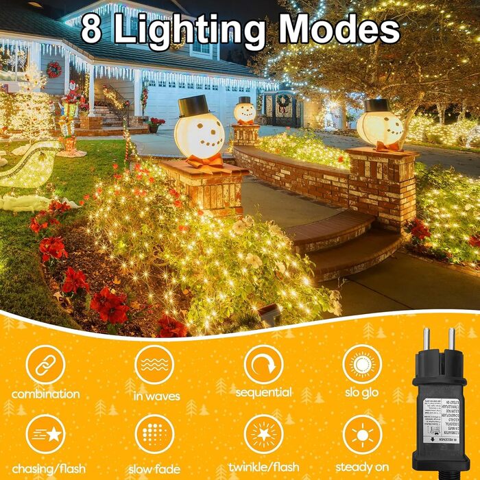 Ланцюжок прикрас LED 144 світлодіодів, мережа, тепле біле світло, для зовнішнього та внутрішнього використання, з пультом, таймером, 8 режимів, для кущів, саду, ялинки, кімнати, балкону