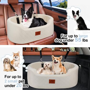 Dog Car Seat for Medium/Large Dogs (up to 25kg) or 2 Small Dogs - with Safety Leashes & Washable Cushion - Back Seat Cover