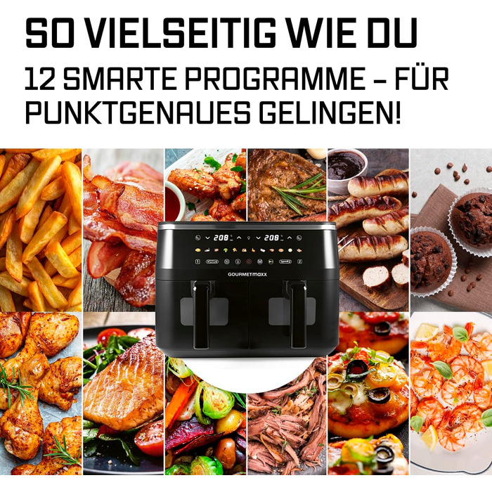 Фритюрниця готує без олії GOURMETmaxx 9л (2x4,5л) з цифровим дисплеєм, таймером та захистом від перегріву, чорна