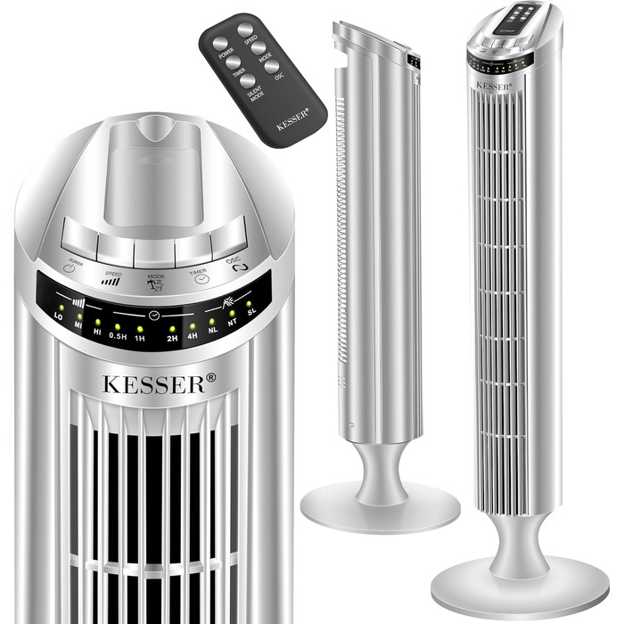 Турбо вентилятор KESSER® з пультом керування | 90° кут осциляції | 3 швидкості | 90 см | Таймер | Turbo функція | Стовпчастий вентилятор | Сріблястий колір