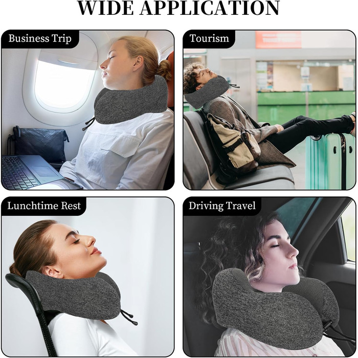 Подушка для шиї з Memory Foam, підтримка голови, набір для подорожей: маска для сну, навушники, чохол, м'яка подушка для сну в авто, літаку, офісі та вдома (Сірий)