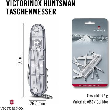 Швейцарський ніж Victorinox Huntsman: мультитул з 15 функціями, ніж, відкривачка для пляшок, консервний ніж, прозора срібляста коробка