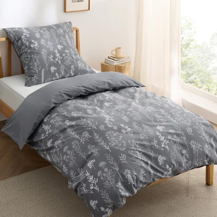 BEDSURE Комплект постільної білизни 135x200, бавовна, 4-х частинний, сірий, з квітами, на блискавці, ÖKO-TEX, з двома наволочками 80x80 см