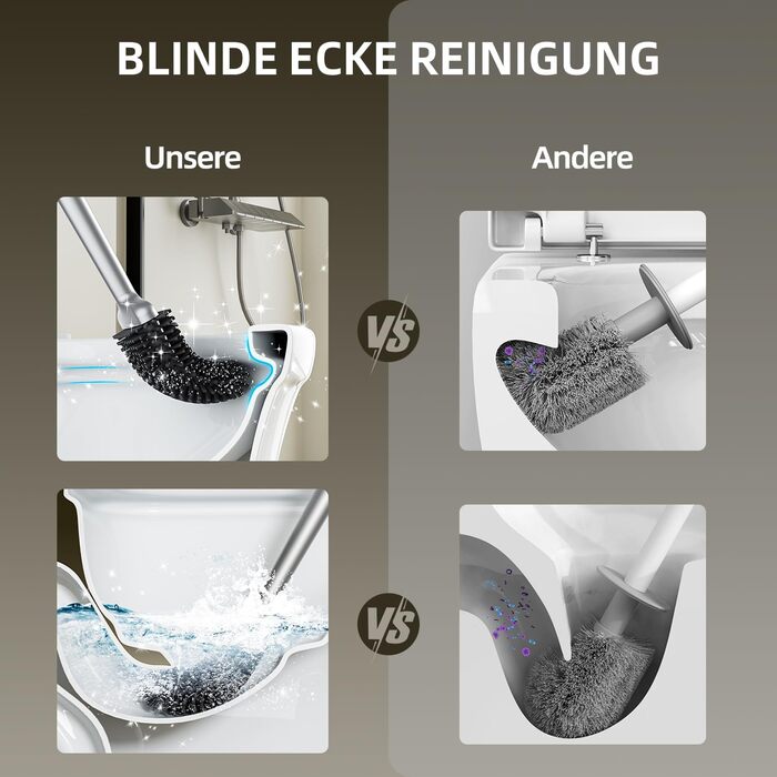 Щітка для унітазу ASOBEAGE з силікону: гнучкий наконечник, ручка з нержавіючої сталі, настінний кріплення, швидковисихаючий тримач для прибирання ванної кімнати (Чорний) (Сірий, 1 шт.)