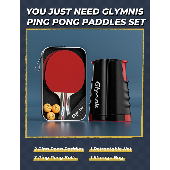 Набір для пінг-понгу Glymnis: портативний, з мережею, ракетками та м'ячами (3 зірки)