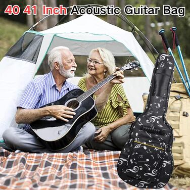 Водонепроникний кейс для гітари SUQ Oxford, 40/41 дюймів, з принтом музичних нот, нейлон, Gigbag, для електро-, акустичної та концертної гітари, ударостійкий, 8 мм підкладка, водонепроникний (чорний)