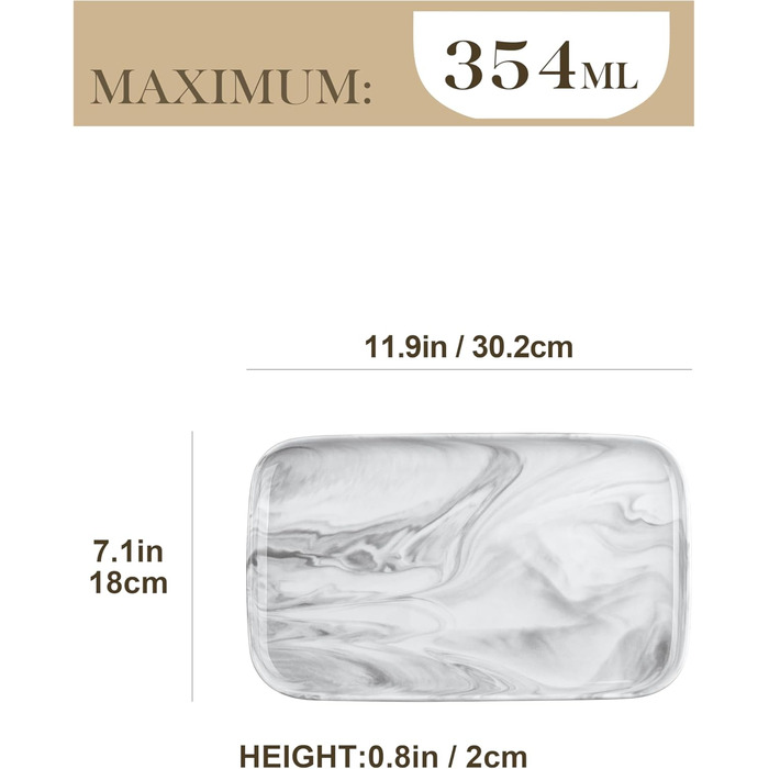 Сервірна таця MALACASA з порцеляни, набір 4 шт. прямокутна, 25 x 14 см, білий мармуровий колір. Ідеально для буфетів, суші, закусок та тортів вдома та в ресторані.