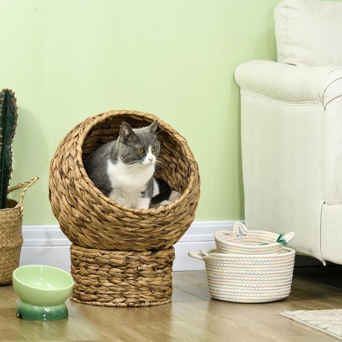 Котячий будиночок PawHut з водяної гіацинти, з подушкою, коричневий, 42x33x52 см – кошик-лежак для котів