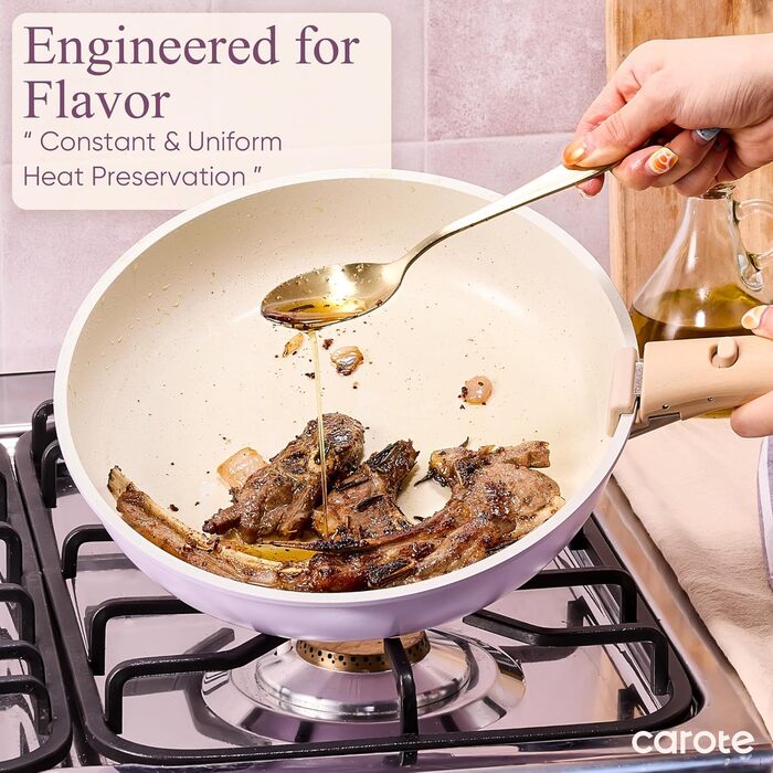 Набір посуду CAROTE 19 предметів з антипригарним покриттям, набір каструль та сковорідок, кухонний набір, безпечний для духовки та холодильника, економний, фіолетовий колір