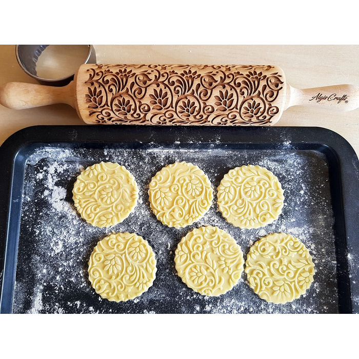 KLETTERBLUMEN Rolling Pin. Rolling pin with flowers for homemade pastries and ceramics. Engraved rolling pin with pattern for DIY kitchen, dough & cookies by Algis Crafts
